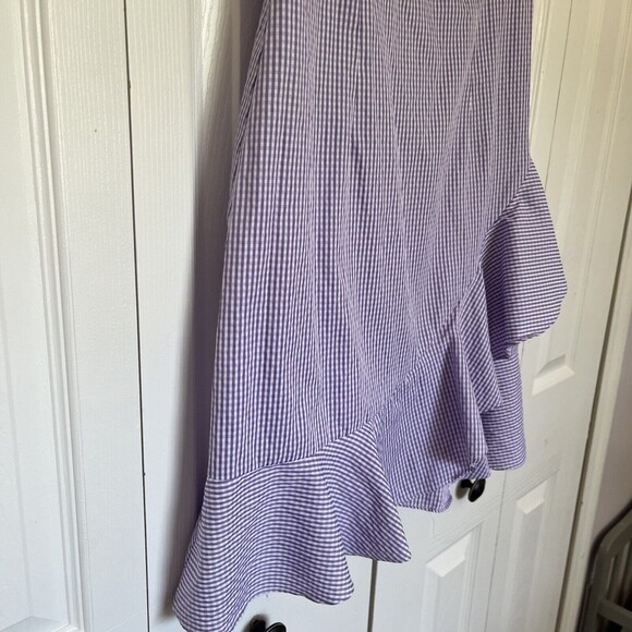 Women’s Donna Morgan Purple Blue Gingham Ruffle Off The Shoulder Dress Size 6 - Picture 5 of 9